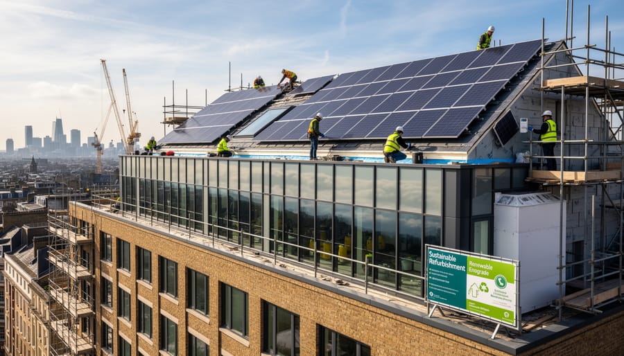 Workers installing solar panels on residential UK house rooftop