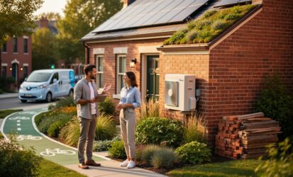 Consultant talks with homeowner outside a preserved brick townhouse featuring rooftop solar panels, a small green roof, a heat-pump unit, and native plants, with a blurred city street showing a bike lane, an electric van, and stacked reclaimed materials.