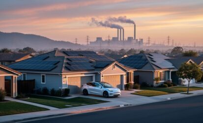 Rooftop solar panels and an electric car in a California neighborhood at dusk with distant smokestacks and power infrastructure emitting haze beyond the hills.