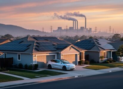 Rooftop solar panels and an electric car in a California neighborhood at dusk with distant smokestacks and power infrastructure emitting haze beyond the hills.