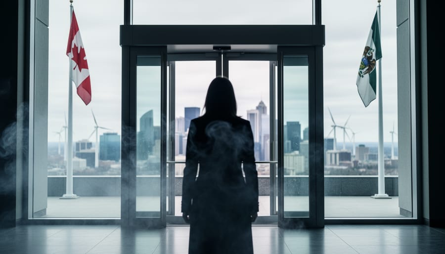 “A blurred figure at a modern Canadian government entrance with climate haze and distant wind turbines in the background, representing stalled climate leadership.”
