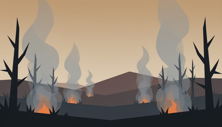Close-up of a charred tree trunk with smoke haze drifting upward in the background