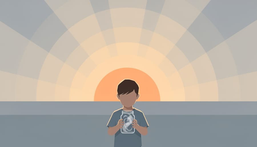 Child holding a small jar at sunrise with atmospheric haze drifting in the background