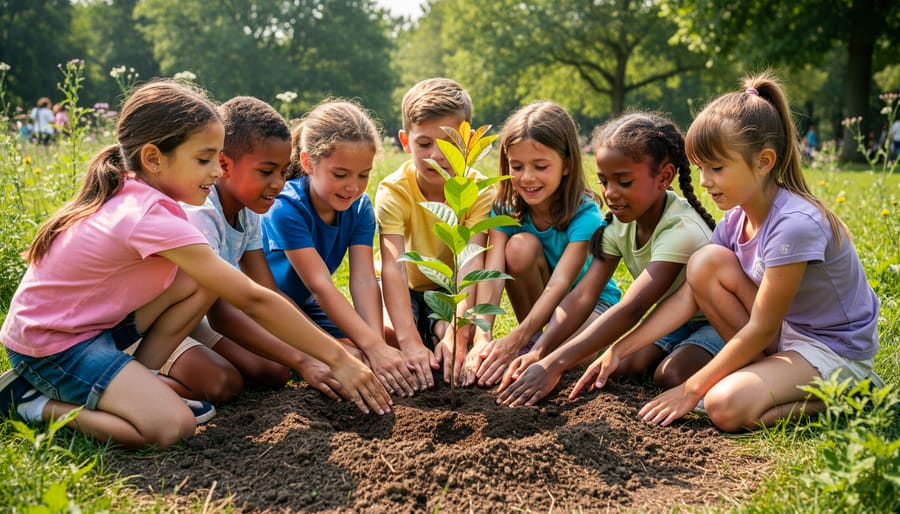 Children and a teacher planting a native tree together in a school garden