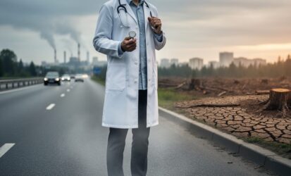 Person with a stethoscope in a city landscape with faint smokestacks and dry, cleared ground suggesting climate change impacts on health.