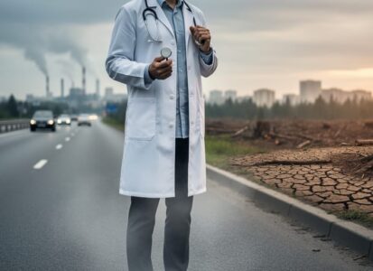 Person with a stethoscope in a city landscape with faint smokestacks and dry, cleared ground suggesting climate change impacts on health.