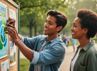 “Two people connect at a community bulletin board while one person pins a climate action poster, highlighting real-world engagement.”