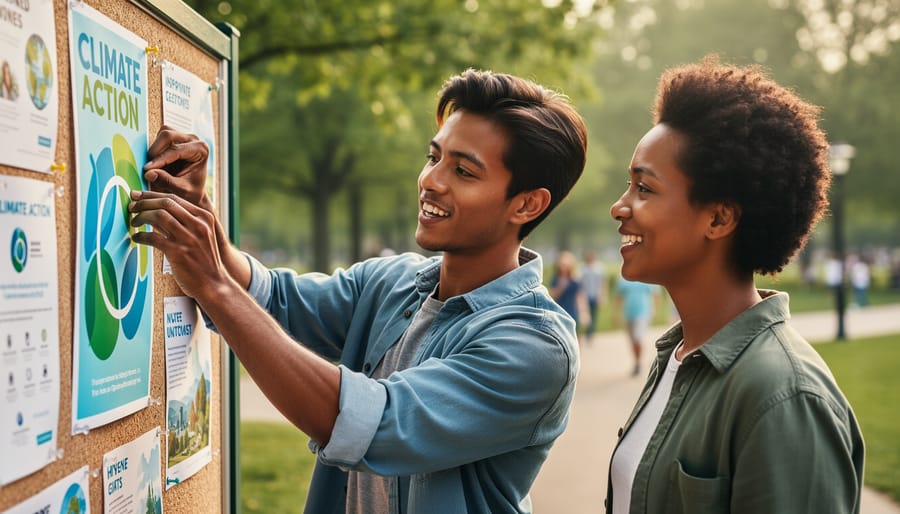 “Two people connect at a community bulletin board while one person pins a climate action poster, highlighting real-world engagement.”