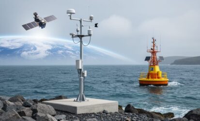 Weather station instruments on land, a satellite over Earth, and an ocean buoy with sensors showing how climate is measured over time.