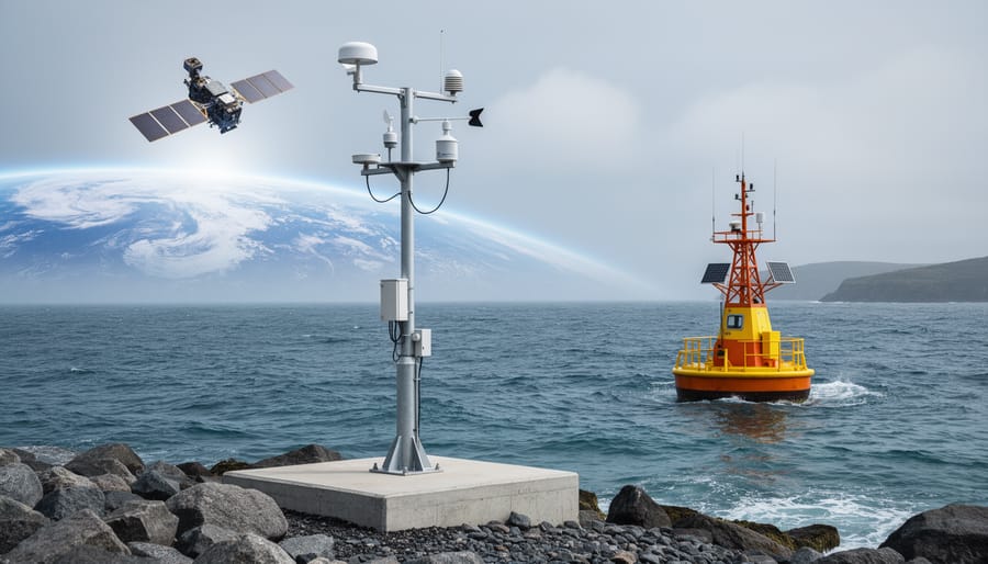 Weather station instruments on land, a satellite over Earth, and an ocean buoy with sensors showing how climate is measured over time.