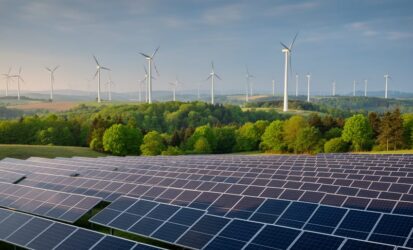 Clean energy wind turbines and solar panels with a protected green forest canopy in the background during golden hour, representing climate mitigation efforts.