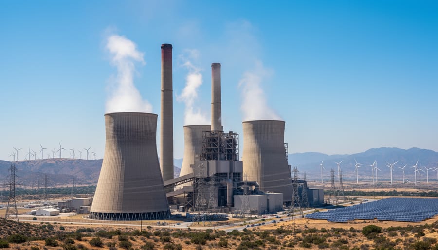 Coal-fired power plant cooling towers and smoke under a bright sky