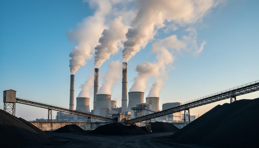 Coal power plant smokestacks releasing smoke into a hazy sky
