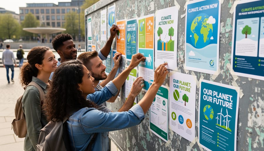 Group of people attaching printed climate posters to a community bulletin board