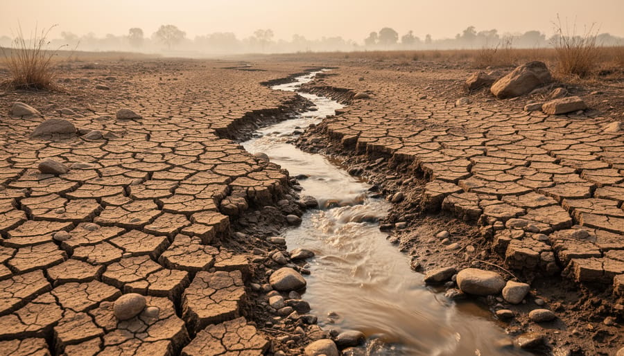 Cracked dry riverbed with a thin remaining line of water in the distance