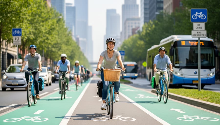 Person riding a bicycle on a city street with cars and buildings in the background