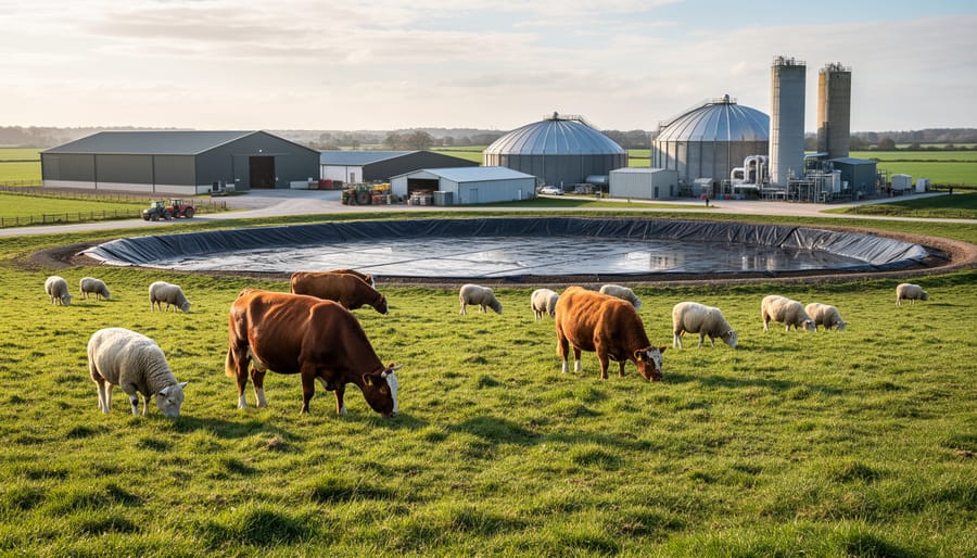 Cows grazing on a dairy farm near a manure lagoon at golden hour