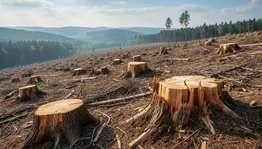 Forest clearing with tree stumps and exposed soil in a deforested area