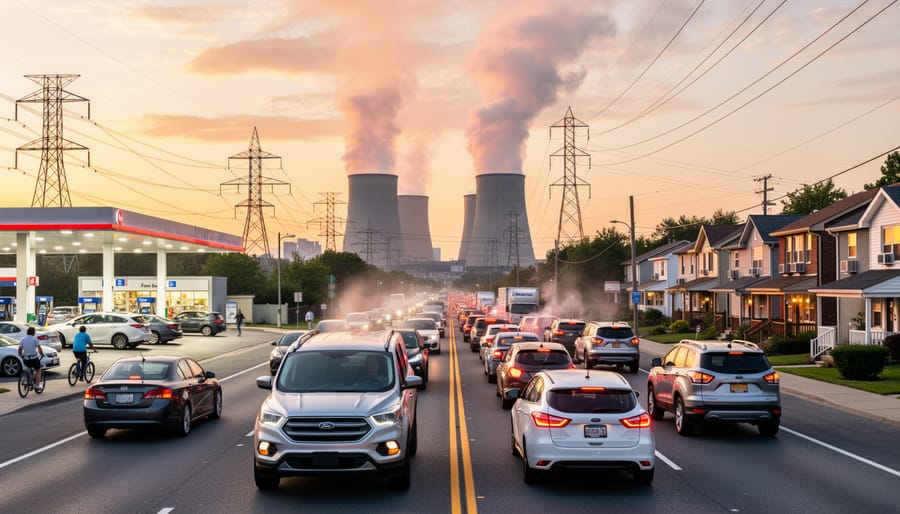 Cars and a building vent releasing faint vapor under a bright sky