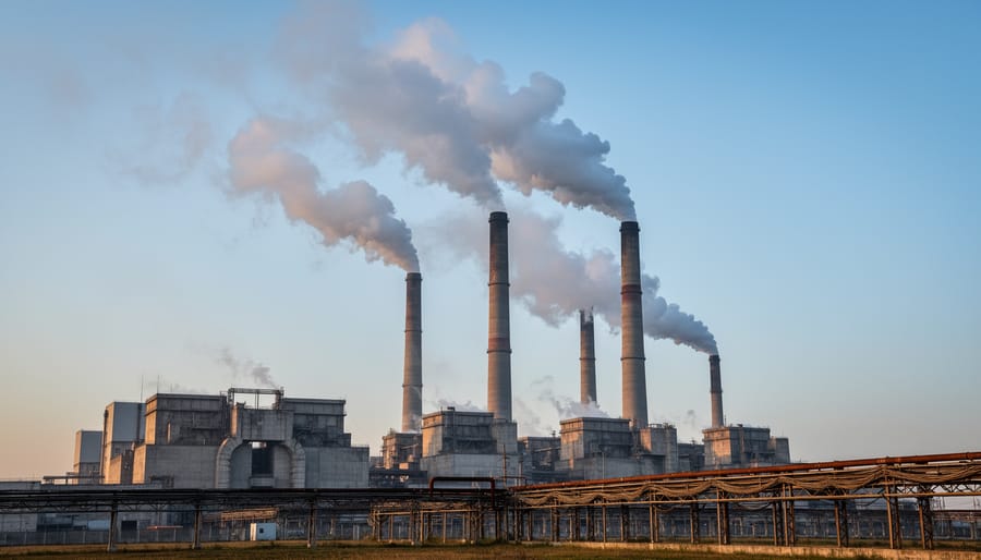 Power plant smokestacks releasing visible emissions into the sky under overcast conditions