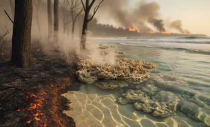 Ground-level view of a scorched forest edge fading into a shoreline with bleached coral-like textures in clear water, symbolizing global warming’s impact on land and ocean ecosystems.