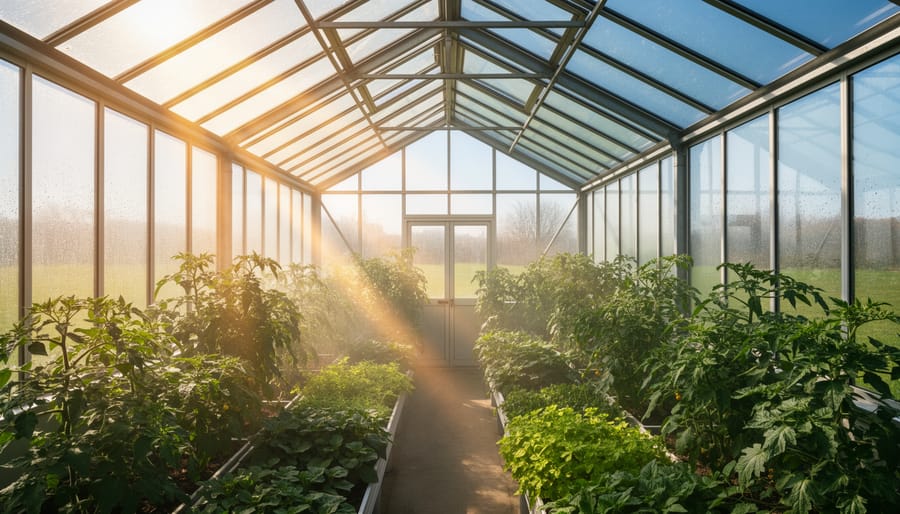 Sunlight filtering through a foggy greenhouse glass roof with visible light beams and plants in the background