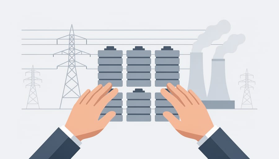Person standing near battery energy storage containers with hands holding a smartphone near utility equipment