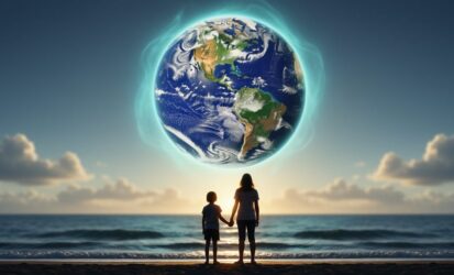 A child and teen on a dark ocean shore look up at Earth from space surrounded by a glowing atmospheric haze, symbolizing climate change.