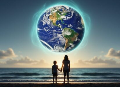 A child and teen on a dark ocean shore look up at Earth from space surrounded by a glowing atmospheric haze, symbolizing climate change.
