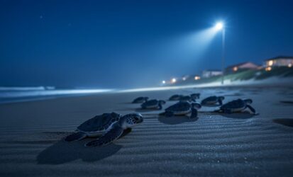Sea turtle hatchlings on a beach near a glowing streetlight at night, with the ocean and distant city lights blurred in the background.