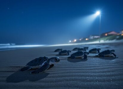 Sea turtle hatchlings on a beach near a glowing streetlight at night, with the ocean and distant city lights blurred in the background.