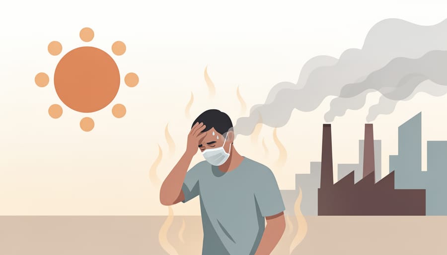 A masked person on a hot city sidewalk with heat haze in the background