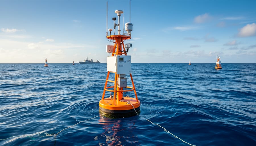 Ocean buoy and research vessel on a calm morning sea with reflected sunlight