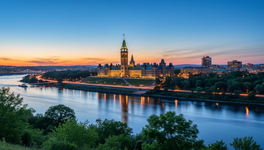 Dusk exterior photo of Canada’s Parliament buildings with warm window light against a blue-gray sky
