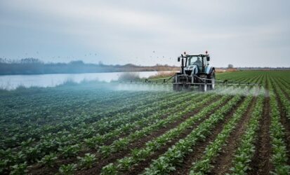 Tractor sprayer releases mist over a crop field with a nearby river in the background, representing pesticides moving beyond the farm into the wider environment.