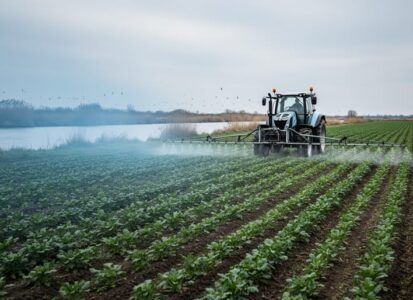 Tractor sprayer releases mist over a crop field with a nearby river in the background, representing pesticides moving beyond the farm into the wider environment.