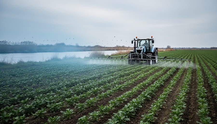Tractor sprayer releases mist over a crop field with a nearby river in the background, representing pesticides moving beyond the farm into the wider environment.