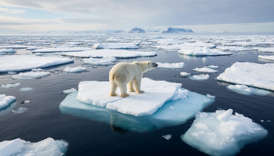 Polar bear standing on shrinking sea ice with an overcast sky and gray ocean in the background