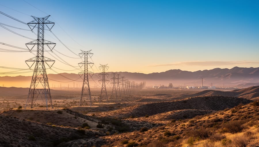 Transmission lines running across open land with distant utility towers