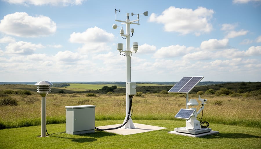Weather and climate monitoring instruments at a remote research station on a snowy ridge