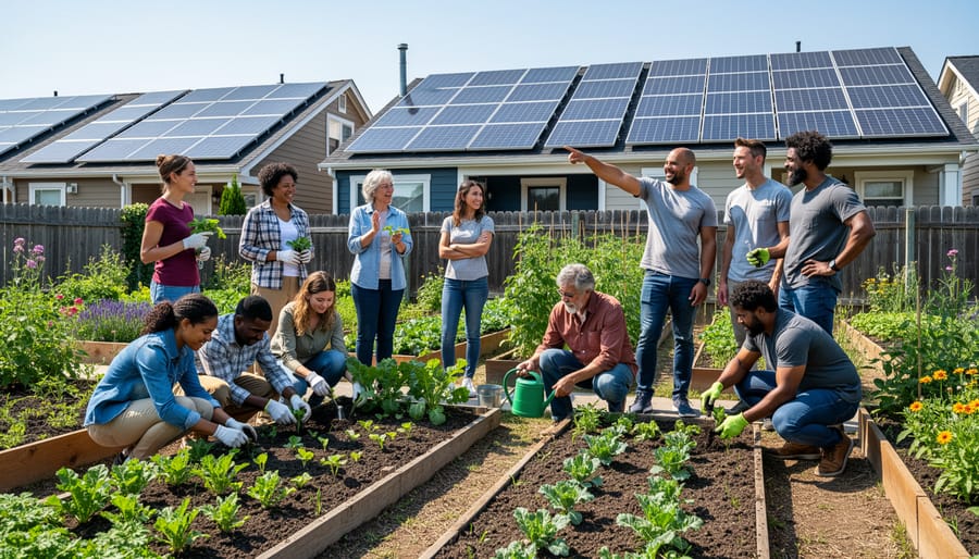 Solar panels on a rooftop with a community garden in the foreground, showing clean energy and local resilience