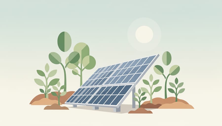 Rooftop solar panels next to thriving green plants in warm golden hour light