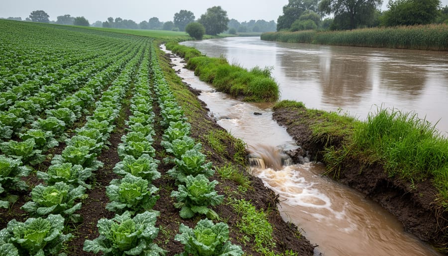 Rural stream beside field soil with visible runoff where water meets the landscape