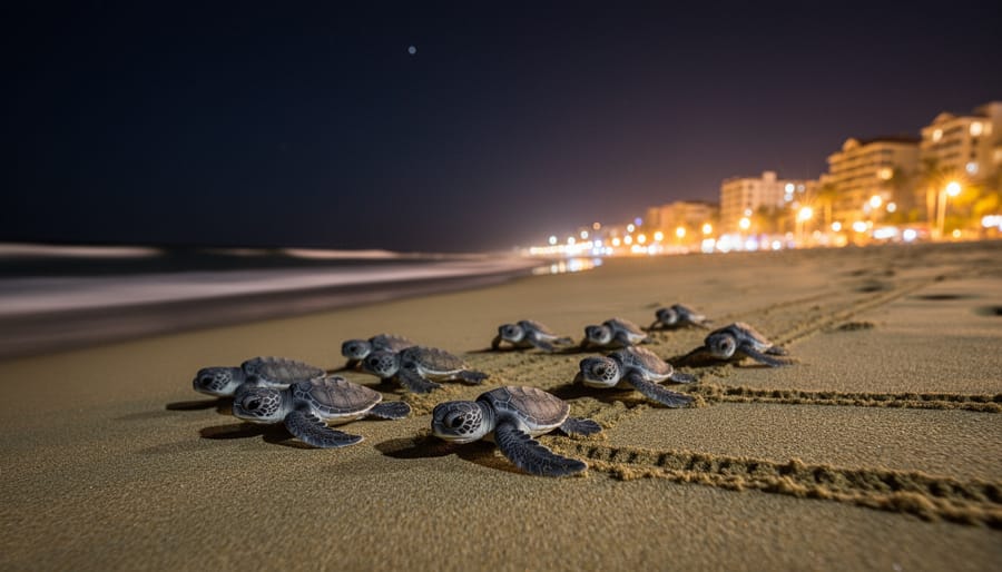 Sea turtle hatchling on sandy shore illuminated by distant artificial light from the coastline.