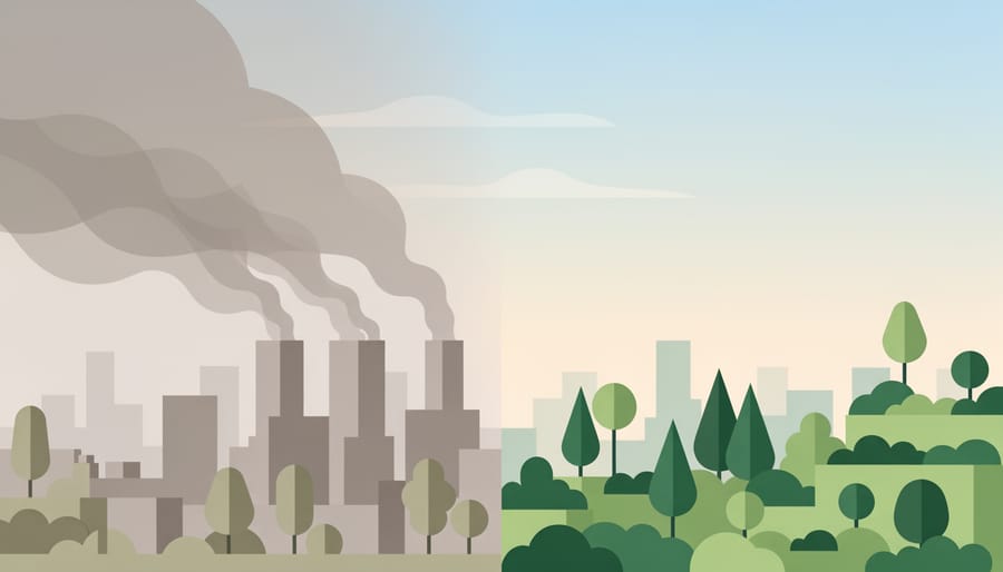 Urban trees under a smoky sky that begins to clear, representing climate risk and hope