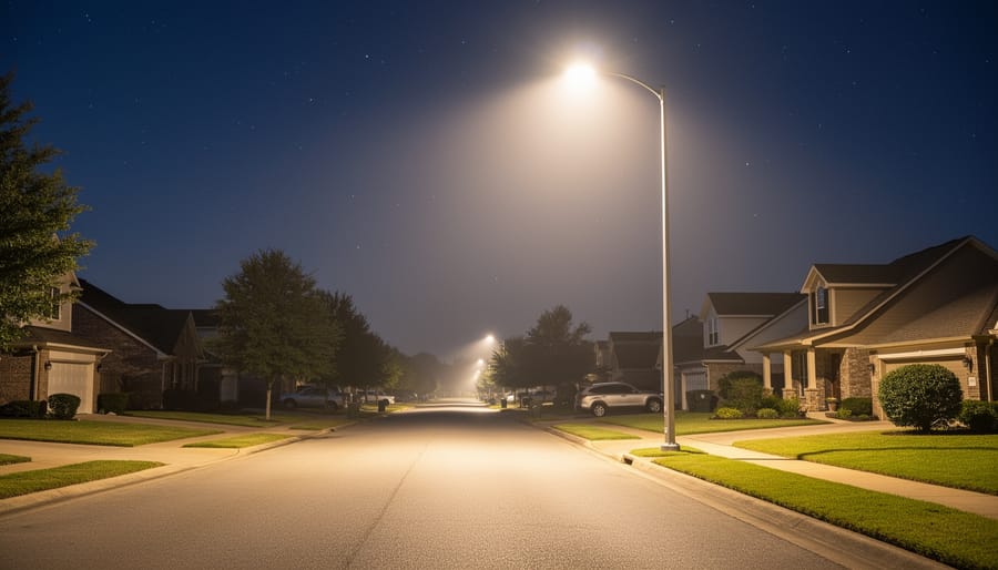 Nighttime suburban street with bright streetlights creating skyglow above the neighborhood.