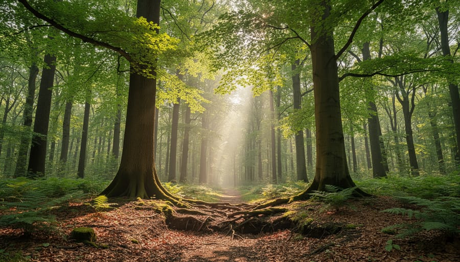 Sunlight streaming through a lush green forest canopy