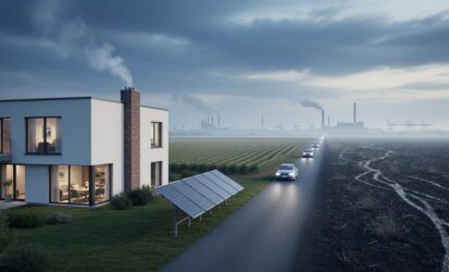 “A realistic environmental scene showing a modern home with emissions, distant vehicles, solar panels, and farmland under a hazy blue-gray sky representing climate change sources.”