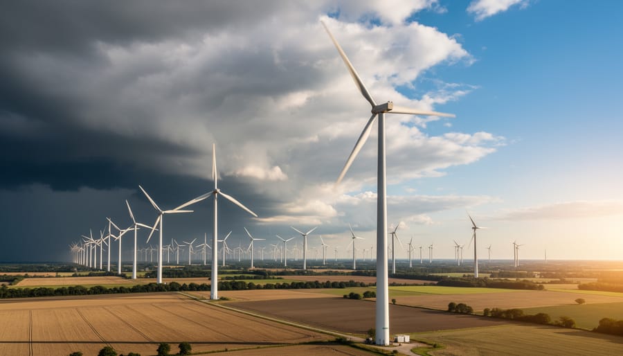 Wind turbines in a wind farm with storm clouds overhead and sunlight breaking through