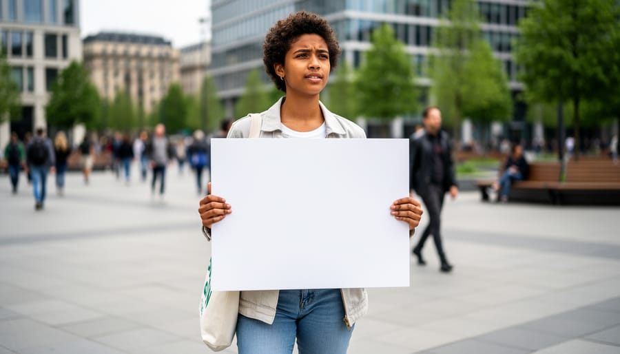 Youth climate activist holding a blank poster board on a city sidewalk